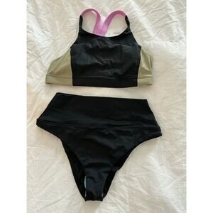 Prana Baja Bound Bikini Set High Neck Top High‎ Waist Bottom Black Colorblock XS